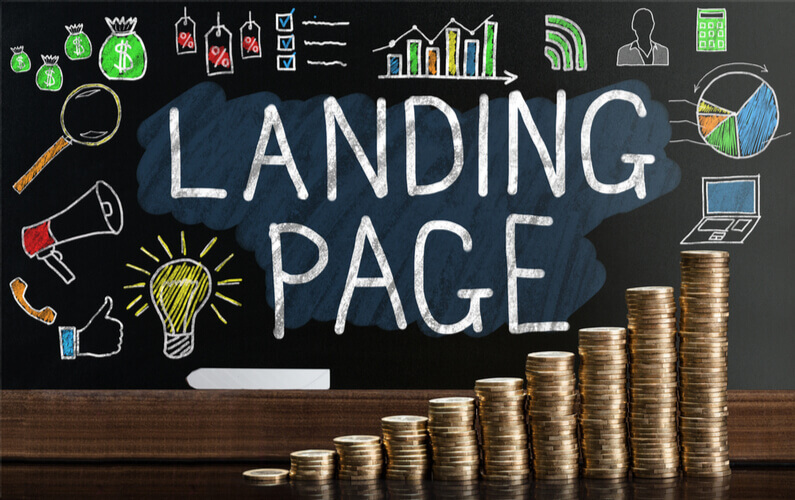 Stack Of Coins In Front Of Blackboard Showing Landing Page Concept
