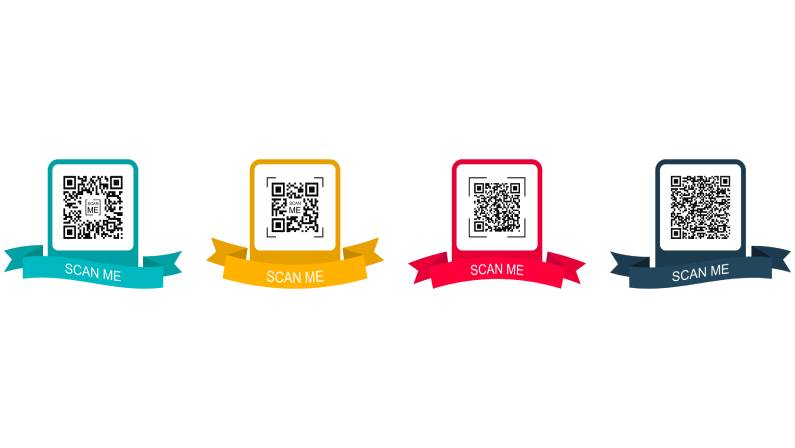 Collection creative concept qr code. Scan me. Colored frame with ribbon for qr code
